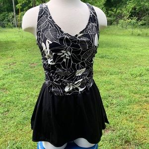 Vintage White Stag Ruched One Piece Swim Dress Floral Black & White